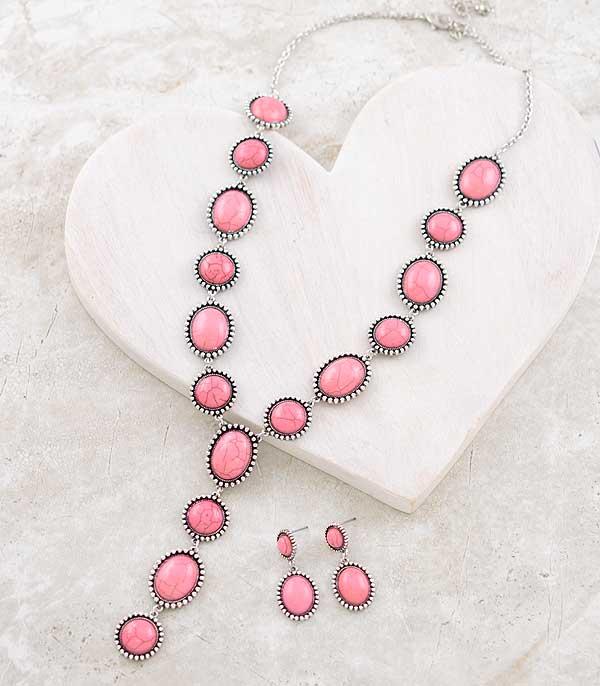 <font color=#FF6EC7>PINK COWGIRL</font> :: Wholesale Western Pink Stone Y Necklace Set