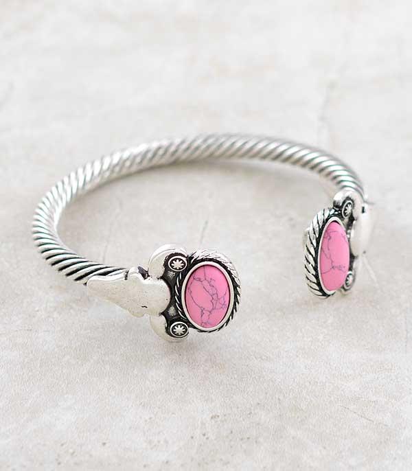 <font color=#FF6EC7>PINK COWGIRL</font> :: Wholesale Western Pink Stone Steer Skull Bracelet