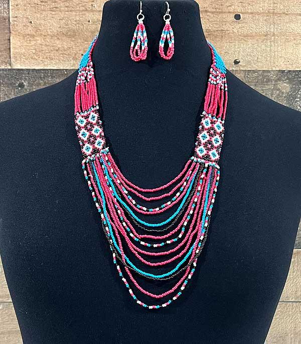 NECKLACES :: WESTERN LONG NECKLACES :: Wholesale Western Beaded Layered Necklace Set