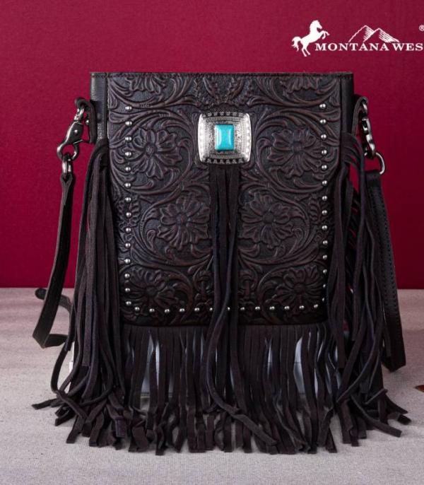 New Arrival :: Wholesale Genuine Leather Tooled Fringe Crossbody 