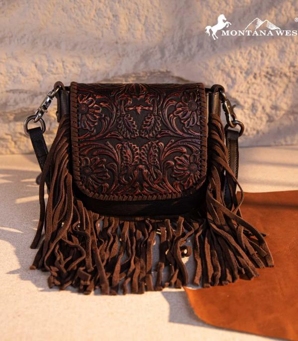 New Arrival :: Wholesale Genuine Leather Tooled Fringe Crossbody 