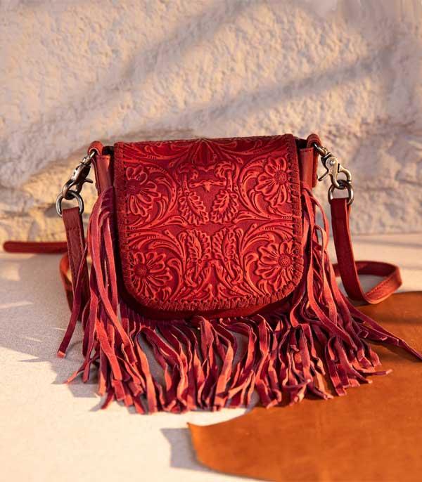 New Arrival :: Wholesale Genuine Leather Tooled Fringe Crossbody 