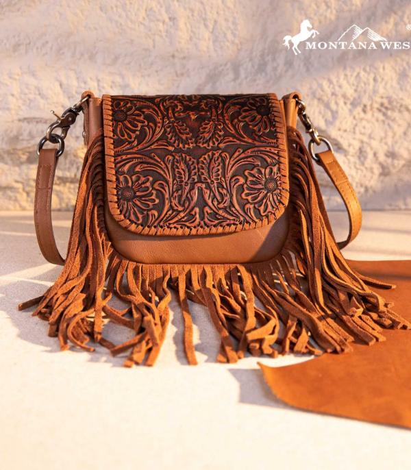 MONTANAWEST BAGS :: CROSSBODY BAGS :: Wholesale Genuine Leather Tooled Fringe Crossbody 