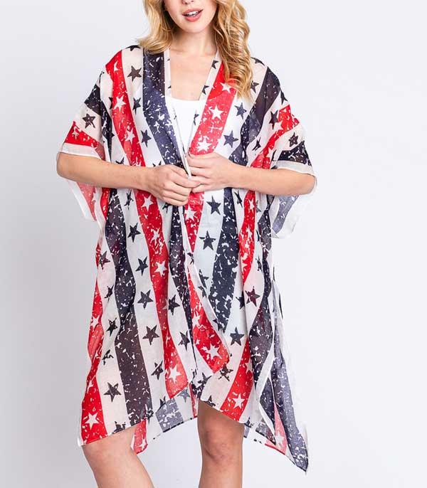 <font color=RED>RED,WHITE, AND BLUE</font> :: Wholesale USA Star Print Kimono