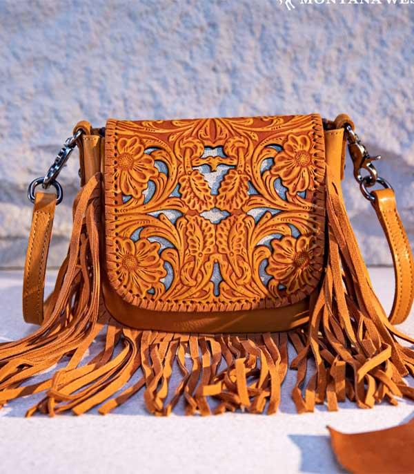 MONTANAWEST BAGS :: CROSSBODY BAGS :: Wholesale Genuine Leather Tooled Fringe Crossbody 