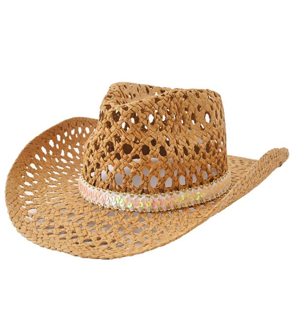 New Arrival :: Wholesale Sequin Trim Cowgirl Straw Hat