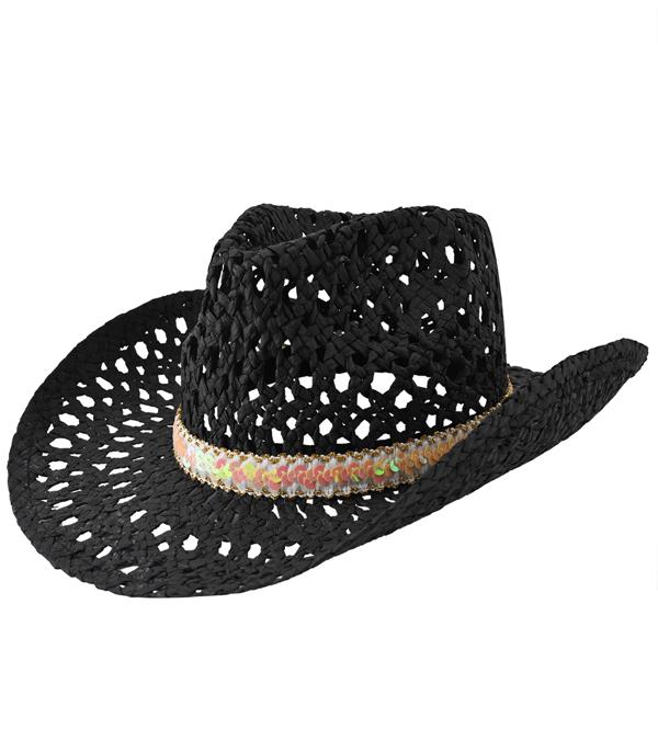 HATS I HAIR ACC :: RANCHER| STRAW HAT :: Wholesale Sequin Trim Cowgirl Straw Hat