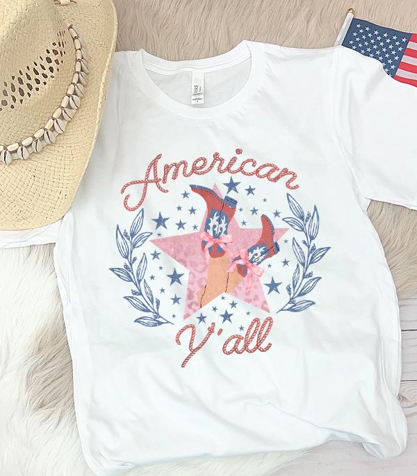 <font color=RED>RED,WHITE, AND BLUE</font> :: Wholesale American Yall Cowgirl Graphic Tshirt