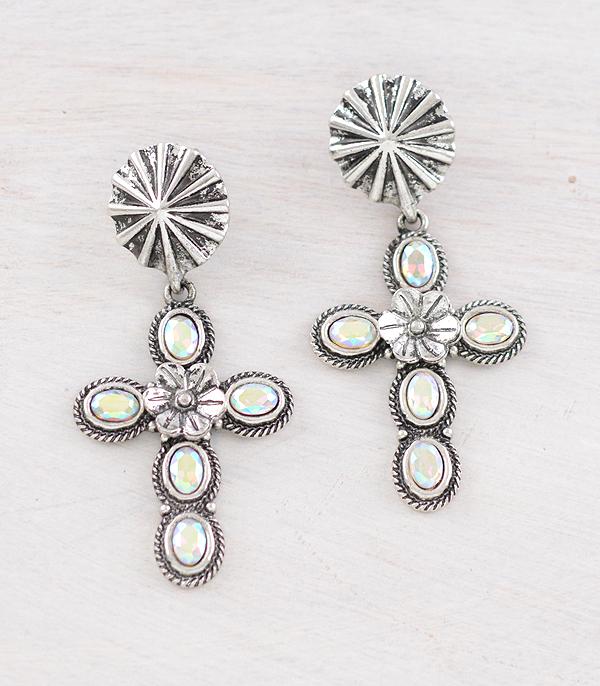 EARRINGS :: WESTERN POST EARRINGS :: Wholesale Tipi Brand Glass Stone Cross Earrings