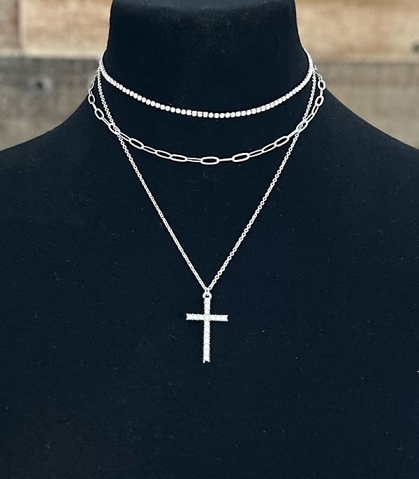 NECKLACES :: TRENDY :: Wholesale 3PC Set Rhinestone Cross Necklace