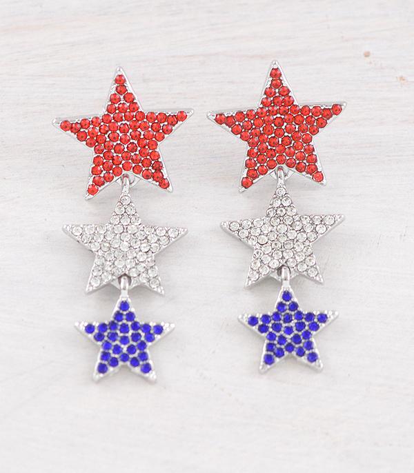 <font color=RED>RED,WHITE, AND BLUE</font> :: Wholesale Rhinestone USA Star Earrings