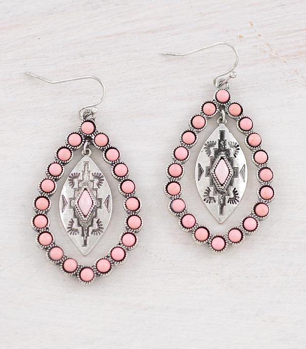 New Arrival :: Wholesale Pink Stone Aztec Earrings
