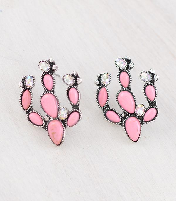 EARRINGS :: WESTERN POST EARRINGS :: Wholesale Western Pink Stone Cactus Earrings
