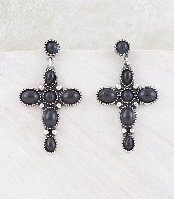 New Arrival :: Wholesale Western Black Stone Cross Earrings