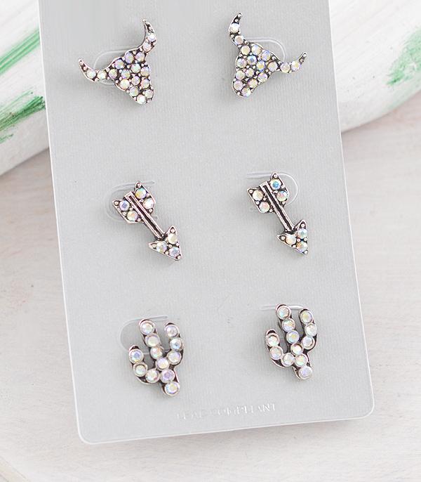 WHAT'S NEW :: Wholesale Western 3PC Set Rhinestone Earrings