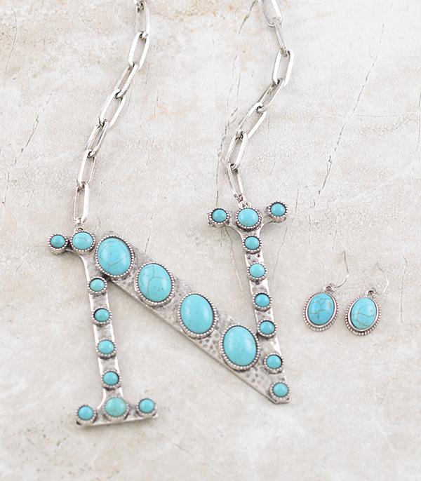 INITIAL JEWELRY :: NECKLACES | RINGS :: Wholesale Oversized Turquoise Initial Necklace Set