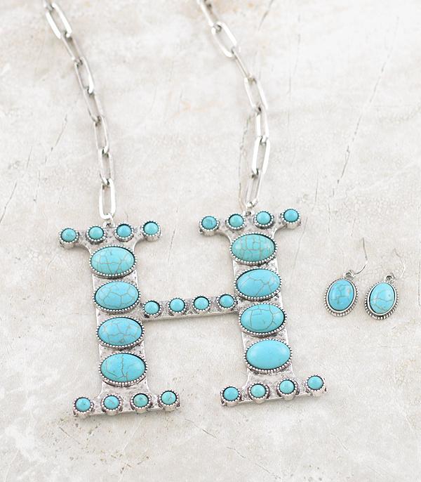 INITIAL JEWELRY :: NECKLACES | RINGS :: Wholesale Oversized Turquoise Initial Necklace Set