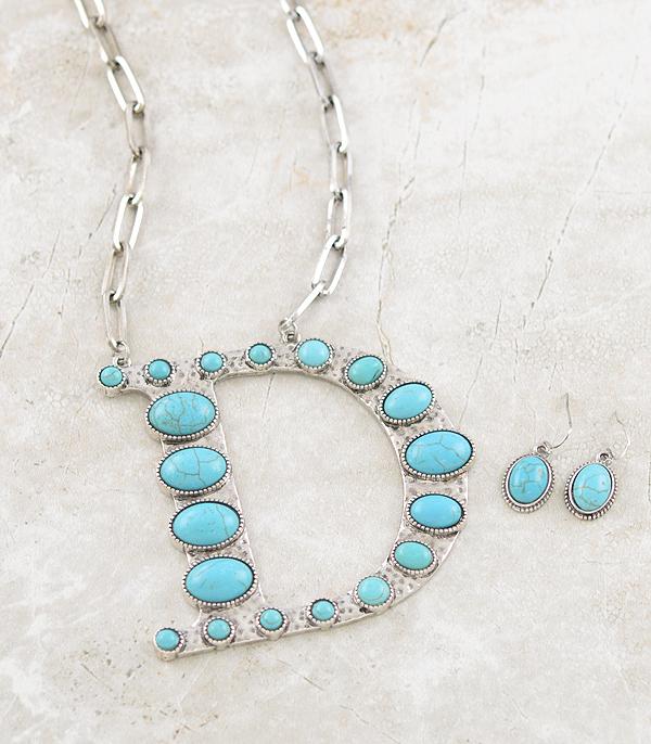 INITIAL JEWELRY :: NECKLACES | RINGS :: Wholesale Oversized Turquoise Initial Necklace Set