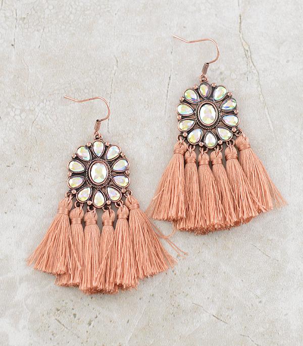 EARRINGS :: WESTERN HOOK EARRINGS :: Wholesale Glass Stone Concho Tassel Earrings