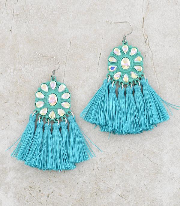 EARRINGS :: WESTERN HOOK EARRINGS :: Wholesale Glass Stone Concho Tassel Earrings