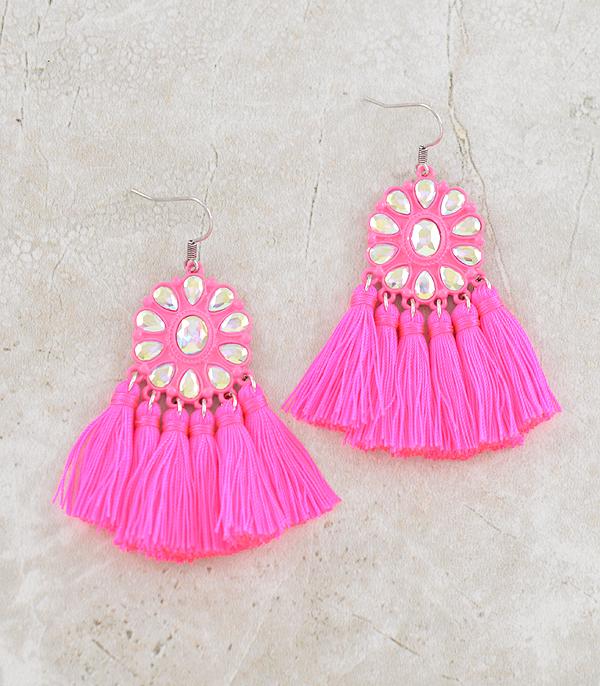 EARRINGS :: TRENDY EARRINGS :: Wholesale Glass Stone Concho Tassel Earrings