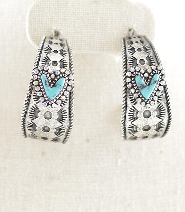 EARRINGS :: HOOP EARRINGS :: Wholesale Western Turquoise Heart Hoop Earrings