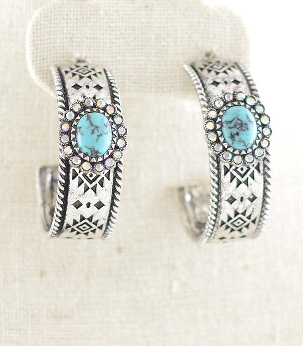 EARRINGS :: HOOP EARRINGS :: Wholesale Western Turquoise Aztec Hoop Earrings