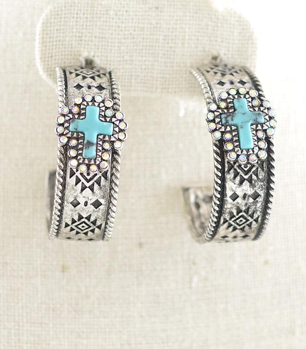 New Arrival :: Wholesale Western Turquoise Cross Hoop Earrings