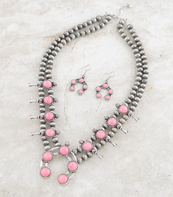 NECKLACES :: WESTERN SQUASH BLOSSOM NECKLACES :: Wholesale Pink Stone Squash Blossom Necklace