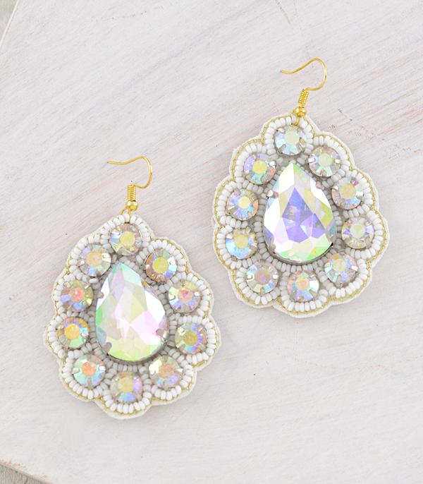 EARRINGS :: WESTERN HOOK EARRINGS :: Wholesale Iridescent Glass Stone Teardrop Earrings