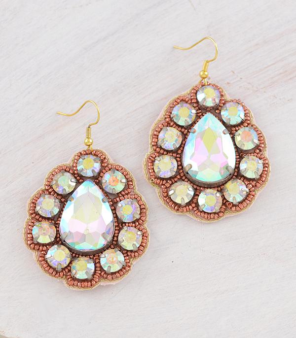 EARRINGS :: WESTERN HOOK EARRINGS :: Wholesale Iridescent Glass Stone Teardrop Earrings