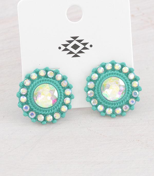 EARRINGS :: POST EARRINGS :: Wholesale Iridescent Glass Stone Concho Earrings