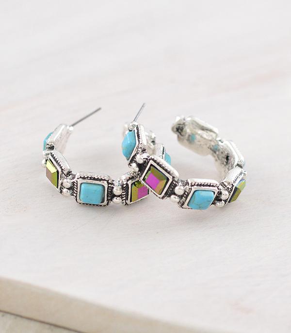 EARRINGS :: HOOP EARRINGS :: Wholesale Turquoise AB Stone Hoop Earrings