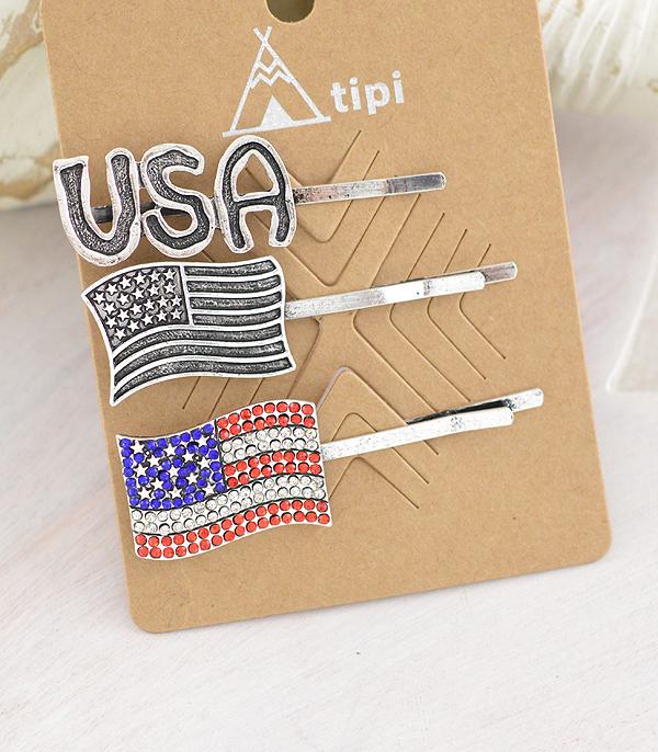 HATS I HAIR ACC :: HAIR ACCESSORIES :: Wholesale 3PC USA  Flag Hair Pin Set
