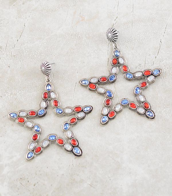 EARRINGS :: WESTERN POST EARRINGS :: Wholesale Patriotic Glass Stone Star Earrings