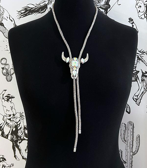 NECKLACES :: WESTERN LONG NECKLACES :: Wholesale AB Glass Stone Steer Skull Bolo Necklace