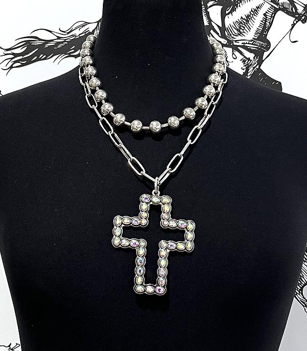 NECKLACES :: TRENDY :: Wholesale Western AB STone Cross Layered Necklace