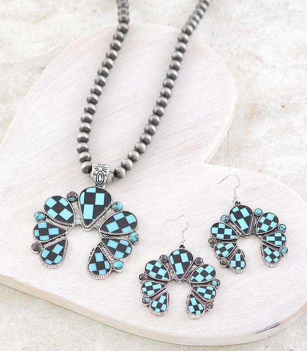 NECKLACES :: WESTERN SQUASH BLOSSOM NECKLACES :: Wholesale Checkered Squash Blossom Necklace Set