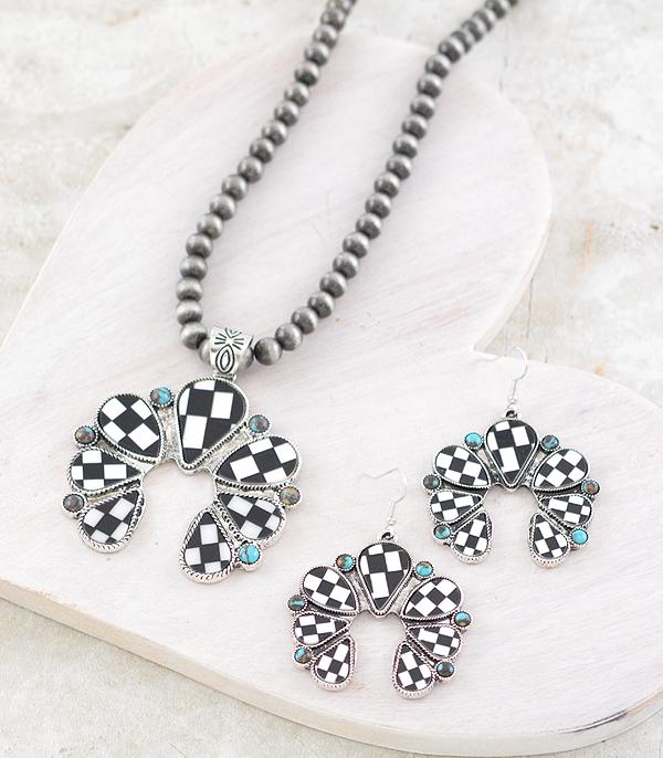 NECKLACES :: WESTERN SQUASH BLOSSOM NECKLACES :: Wholesale Checkered Squash Blossom Necklace Set
