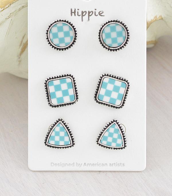 EARRINGS :: WESTERN POST EARRINGS :: Wholesale Western Checkered Earrings Set
