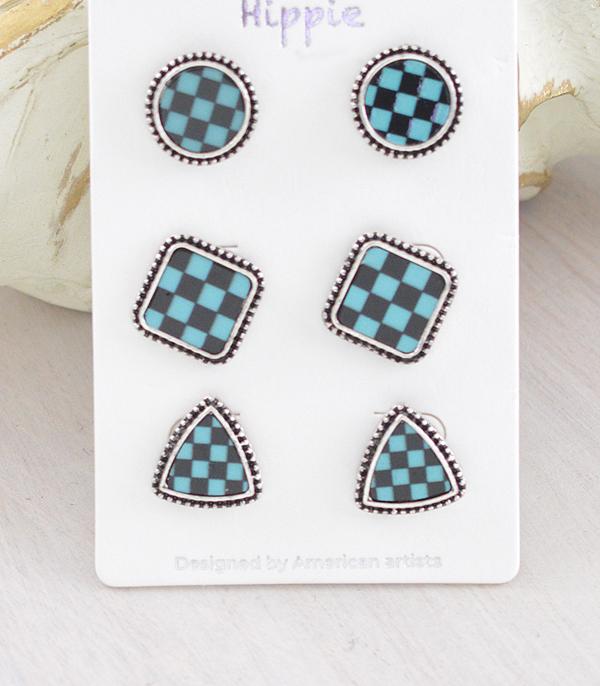 EARRINGS :: WESTERN POST EARRINGS :: Wholesale Western Checkered Concho Earrings Set