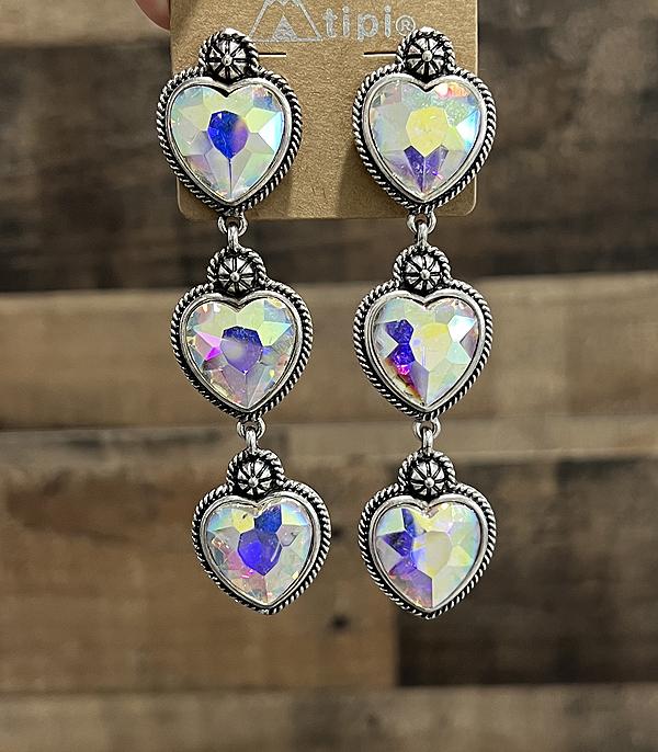 EARRINGS :: WESTERN POST EARRINGS :: Wholesale AB Glass Stone Heart Concho Earrings