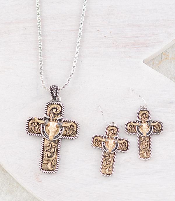 New Arrival :: Wholesale Western Cow Skull Cross Necklace Set