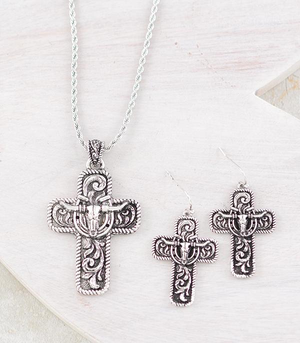 New Arrival :: Wholesale Western Cow Skull Cross Necklace Set