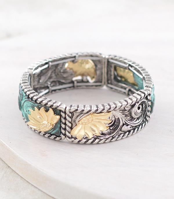 BRACELETS :: STRETCH :: Wholesale Western Sunflower Tooling Bracelet