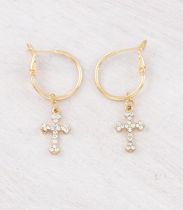 New Arrival :: Wholesale Rhinestone Cross Hoop Earrings