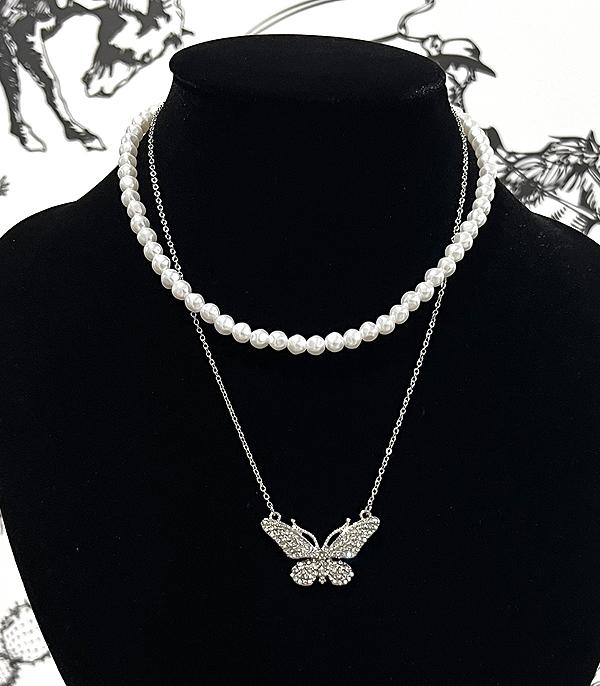 New Arrival :: Wholesale Rhinestone Butterfly Layered Necklace