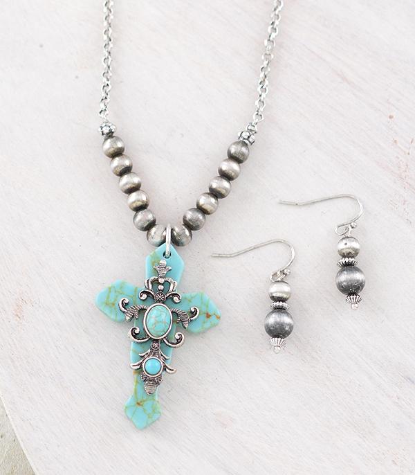 New Arrival :: Wholesale Turquoise Cross Pendant Necklace Set