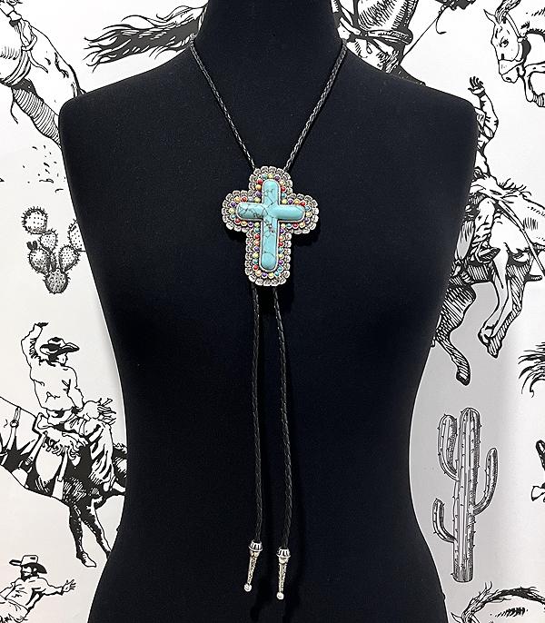 New Arrival :: Wholesale Western Turquoise Cross Bolo Necklace