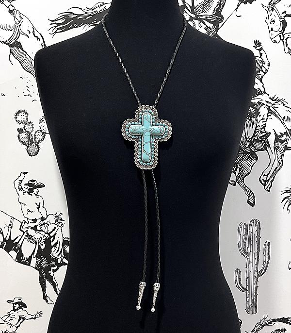 New Arrival :: Wholesale Western Turquoise Cross Bolo Necklace